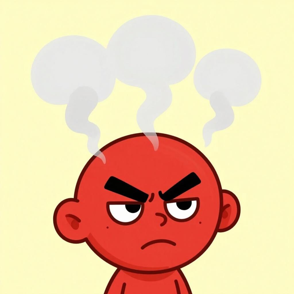 A cartoonish figure with a bright red face, steam puffing vigorously out of their ears, showing extreme anger.