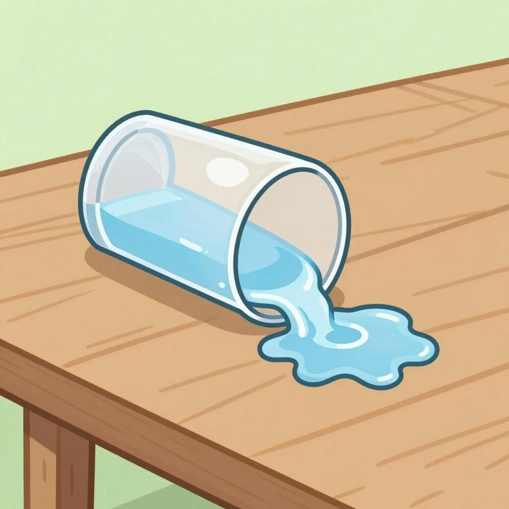 Een omvallend glas water op tafel, omdat het te dicht bij de rand stond.