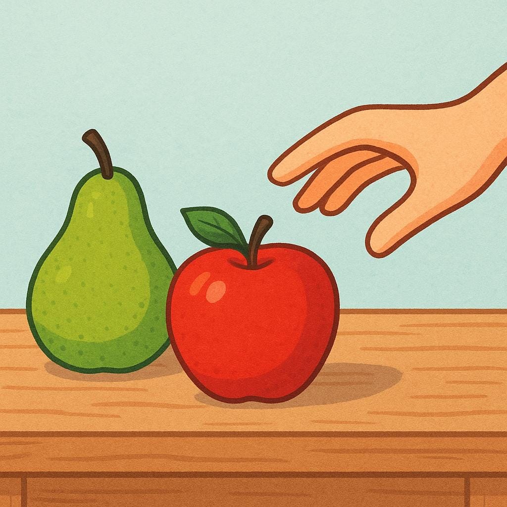 A single hand reaching clearly toward a bright red apple, demonstrating a preference over a green pear resting nearby on a simple wooden table.
