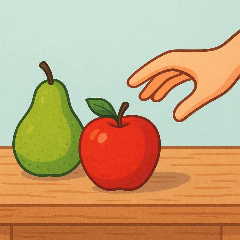 A single hand reaching clearly toward a bright red apple, demonstrating a preference over a green pear resting nearby on a simple wooden table.
