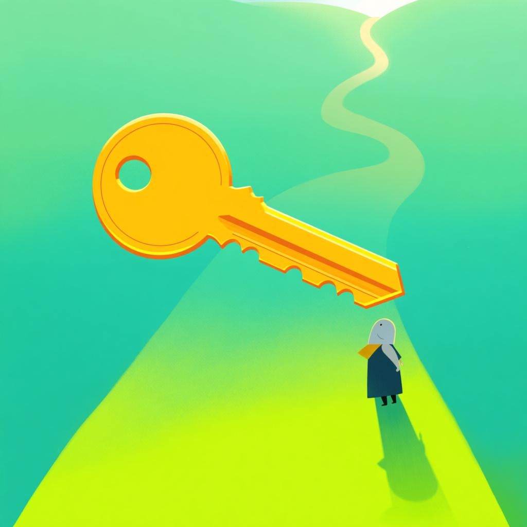 A small figure standing on a green path looks forward as a large, bright golden key appears floating in the air directly in front of them, symbolizing a favorable moment.