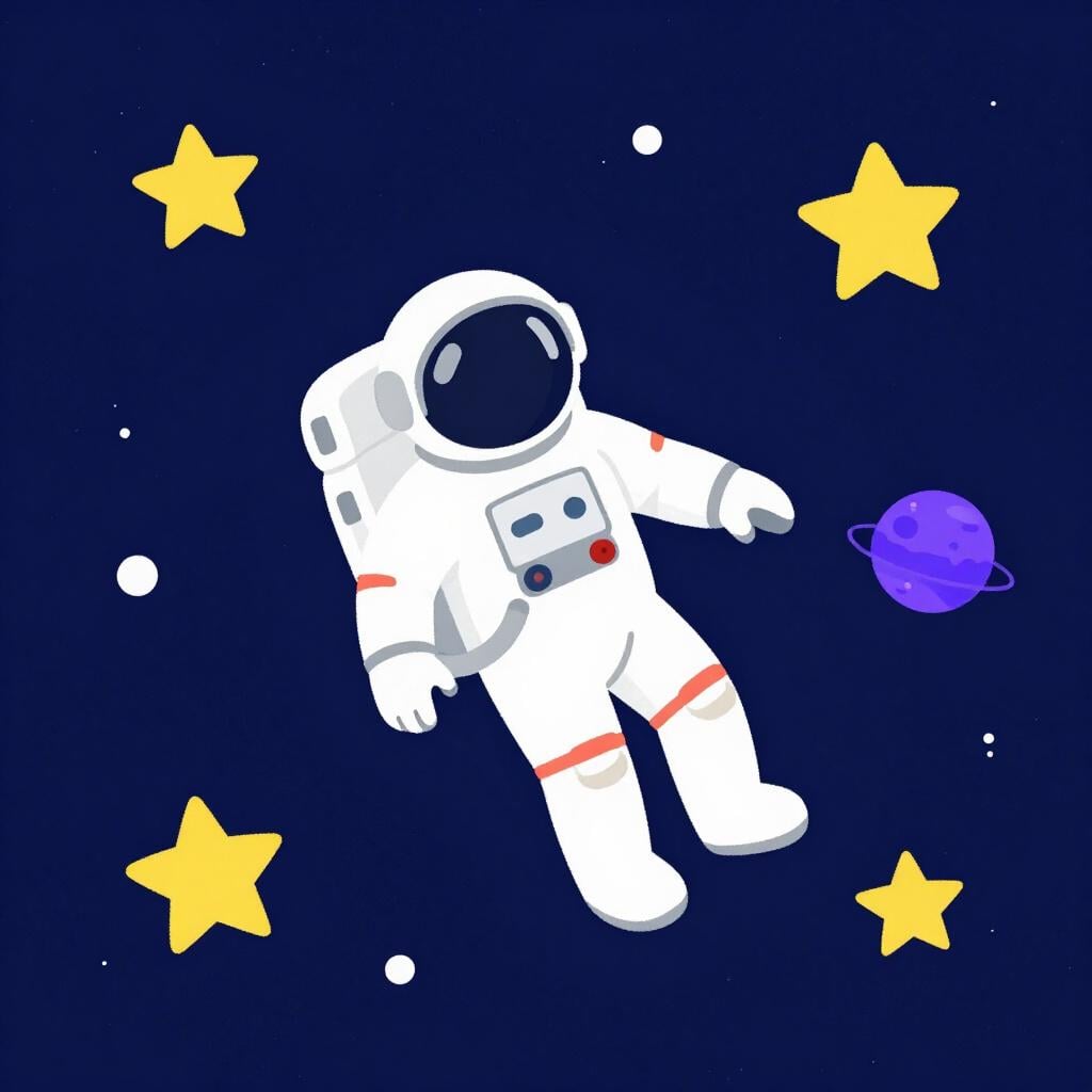 A friendly astronaut floating in outer space near a small colorful planet and stars.
