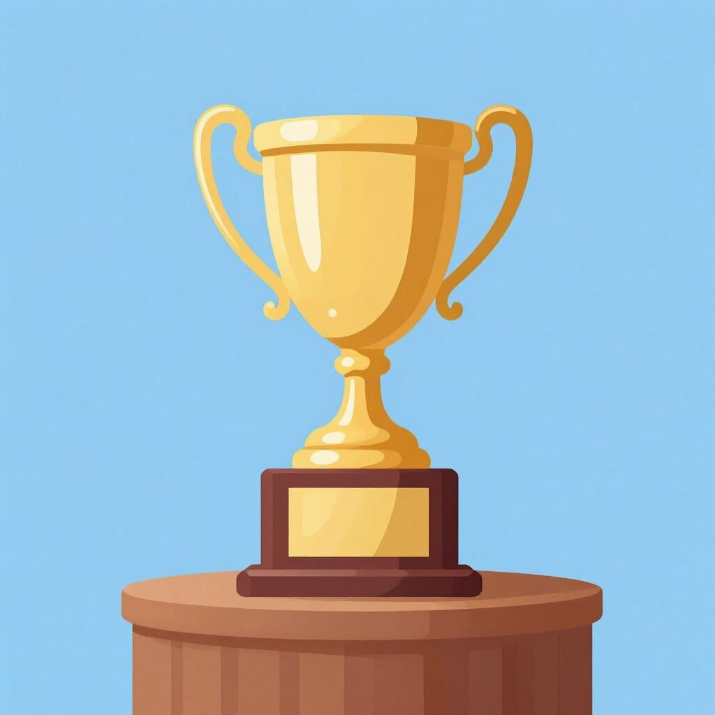 Een kleurrijke trofee op een houten podium, die een vastgelegd succes vertegenwoordigt.