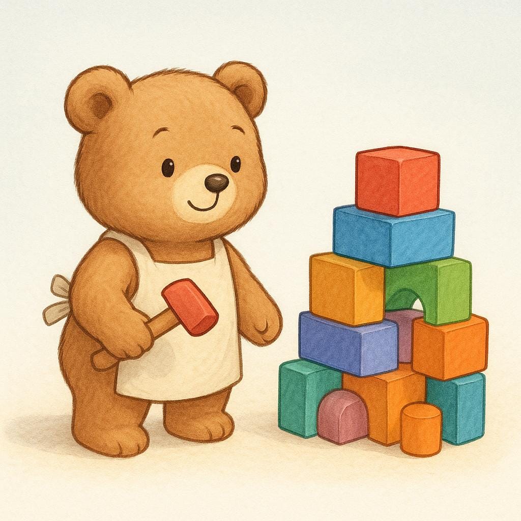 Un piccolo orso determinato è pronto per iniziare un compito, tenendo un martello accanto a una pila colorata di blocchi di legno.