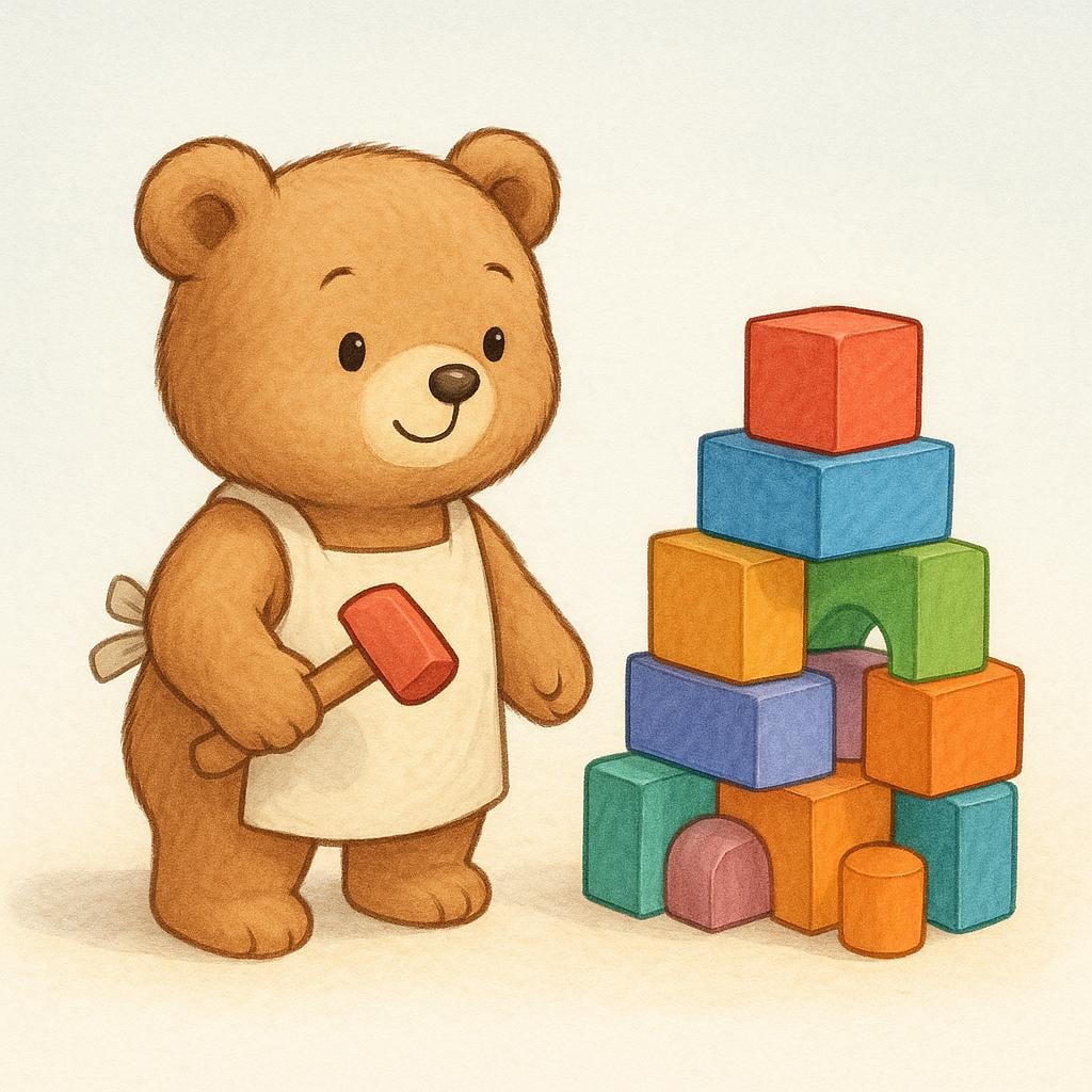 A small, determined bear stands ready to begin a task, holding a hammer next to a colorful stack of wooden blocks.