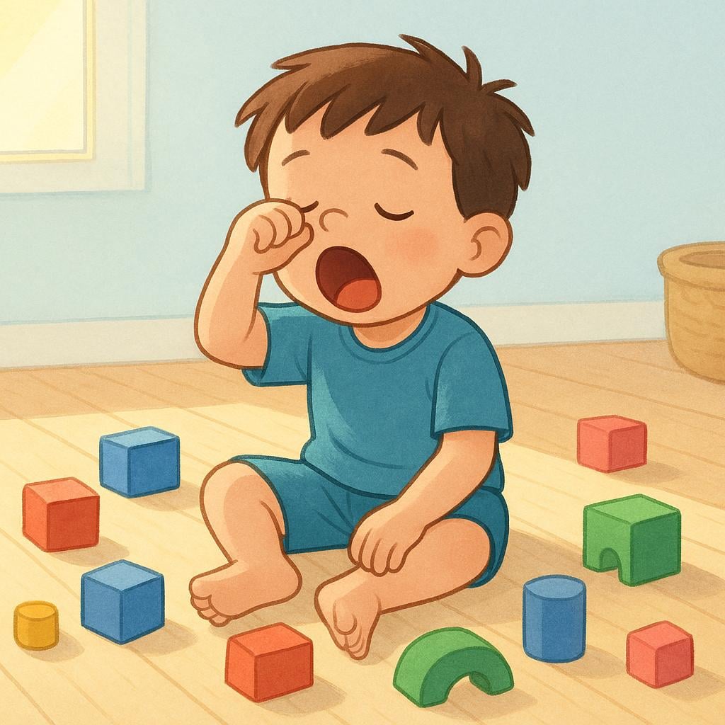 A young child sitting on the floor next to scattered colorful toys, yawning widely and rubbing his eyes, looking visibly exhausted.