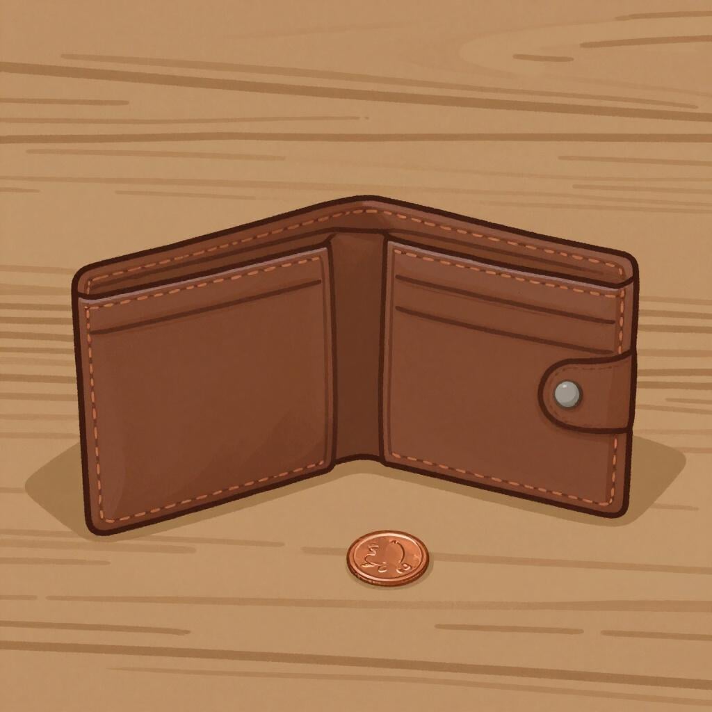 Ein leeres braunes Lederportemonnaie liegt offen auf einem Holztisch und veranschaulicht einen finanziellen Verlust oder ein Defizit.