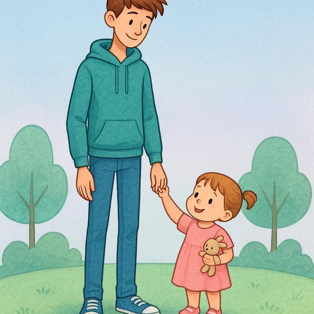 A very tall teenage boy standing next to a small toddler girl, illustrating a clear age difference between the two figures.