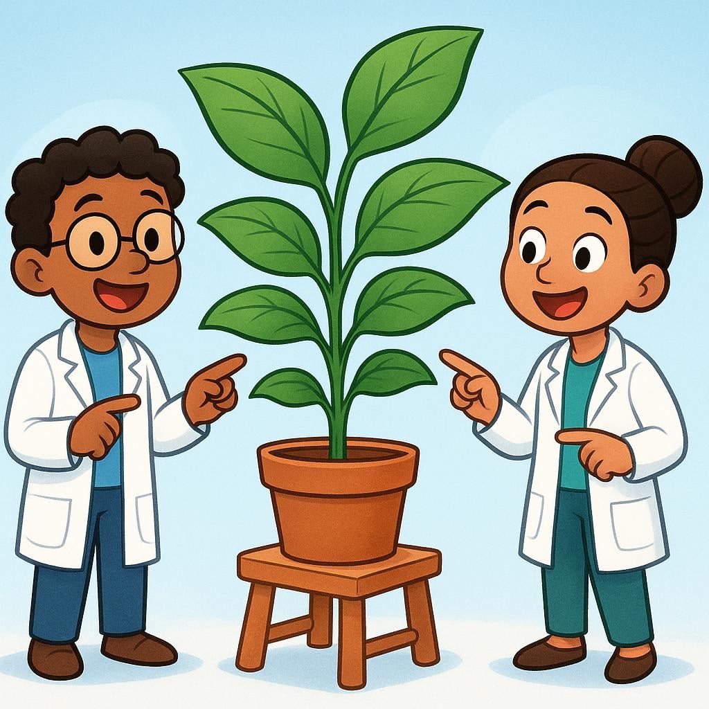 Two cartoon scientists wearing lab coats pointing enthusiastically at a single small pot from which a surprisingly large, healthy green plant is growing, symbolizing a proven result.