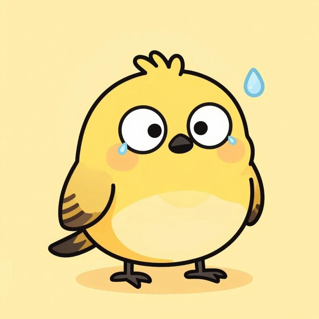 A small cartoon bird with wide eyes and ruffled feathers looking flustered and nervous.