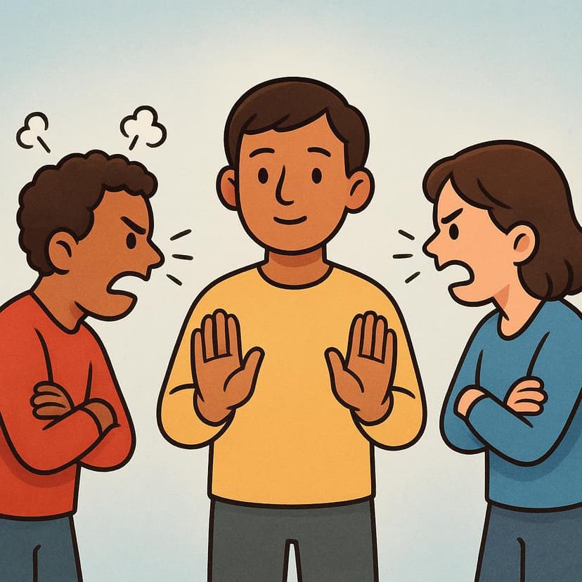 A neutral figure standing calmly between two other figures who are visually frustrated, attempting to resolve their dispute.