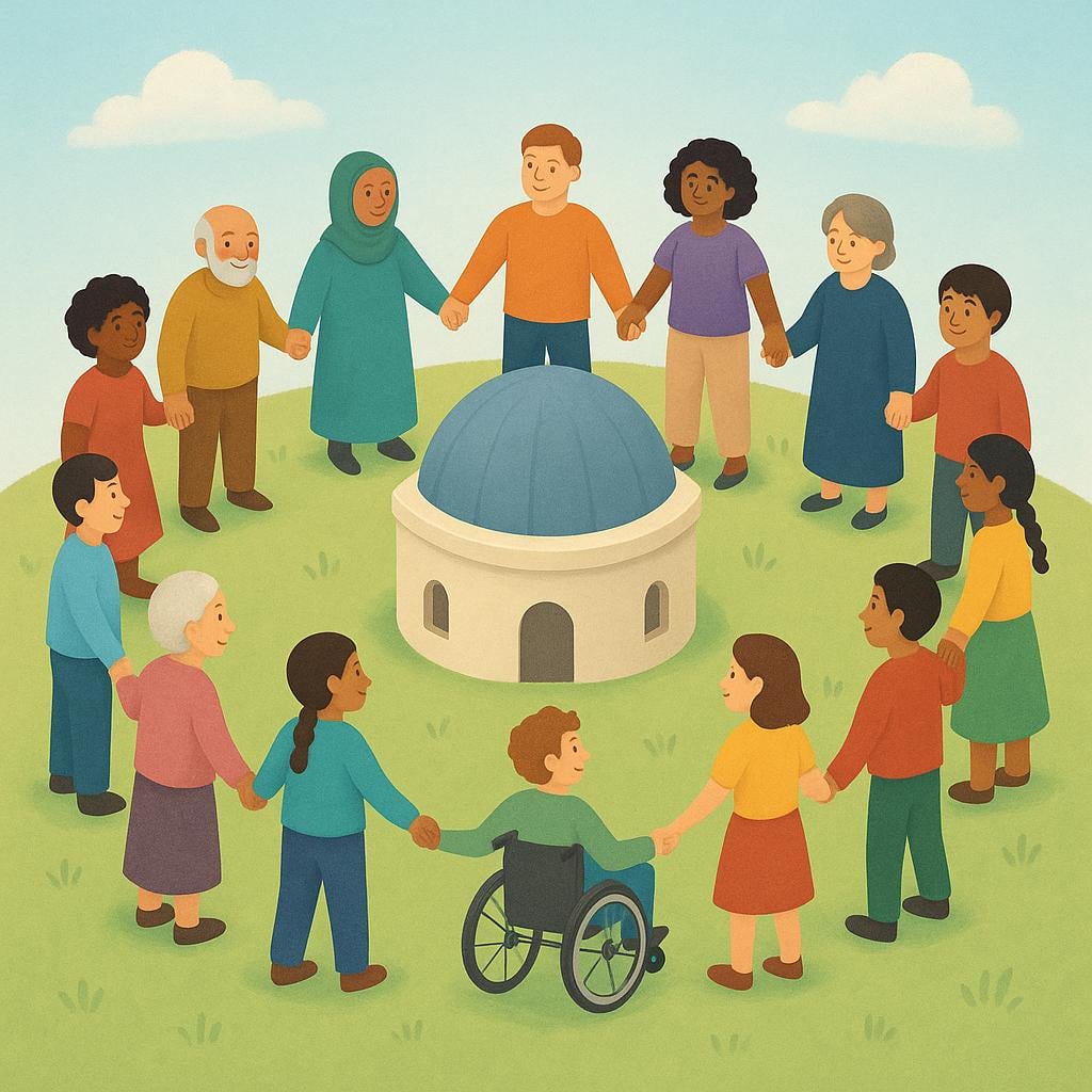 A colorful illustration showing a diverse group of people holding hands in a large circle around a central, simple domed building, representing a unified political and cultural entity.