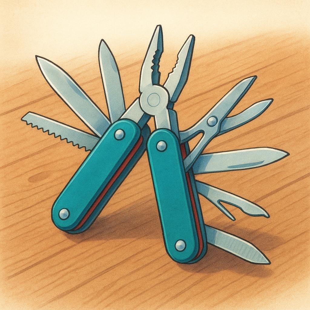A sturdy multi-tool with various attachments like a screwdriver and a small blade, lying on a wooden workbench.
