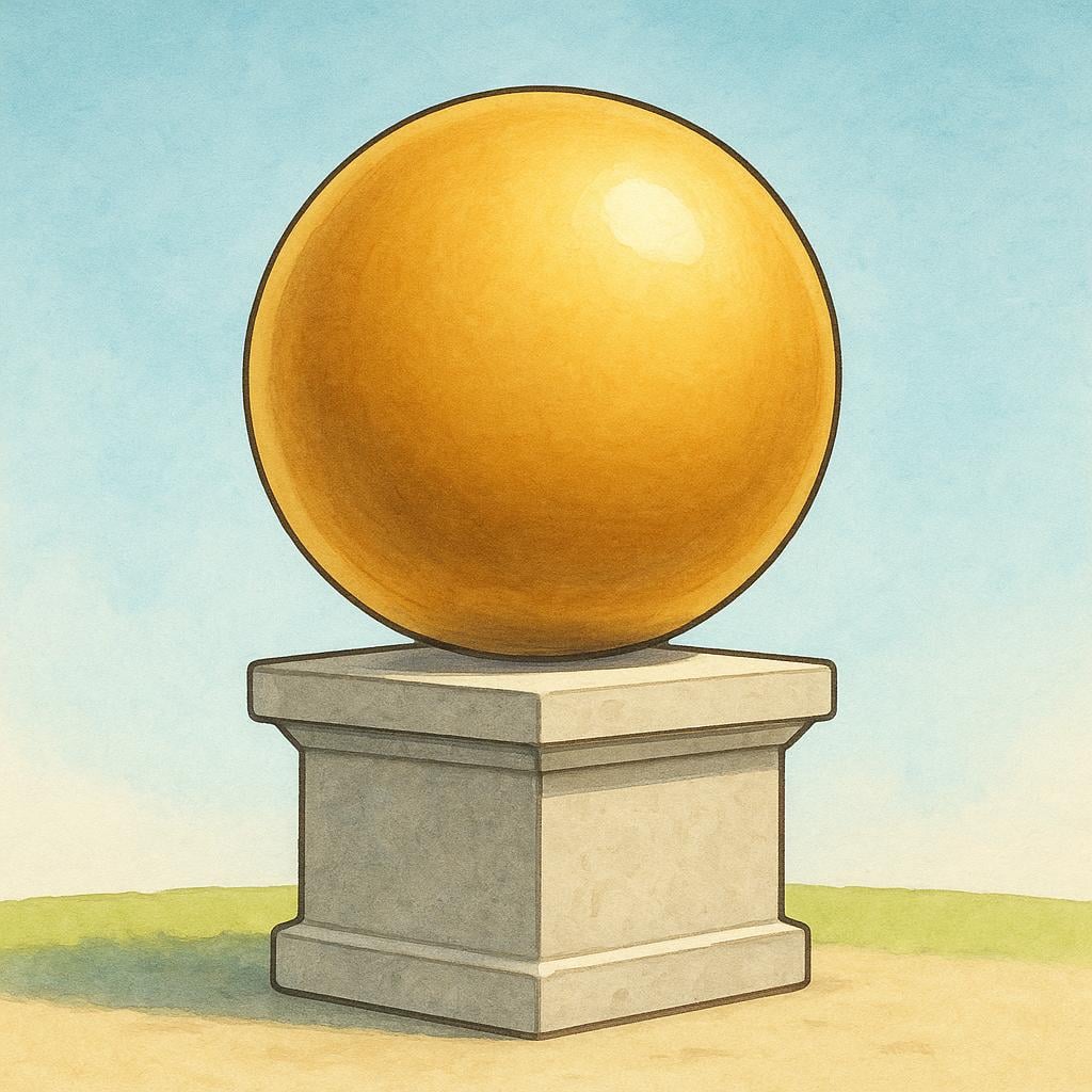 A large, smooth, perfectly spherical golden object resting on a simple stone pedestal, signifying the ultimate or most essential element.