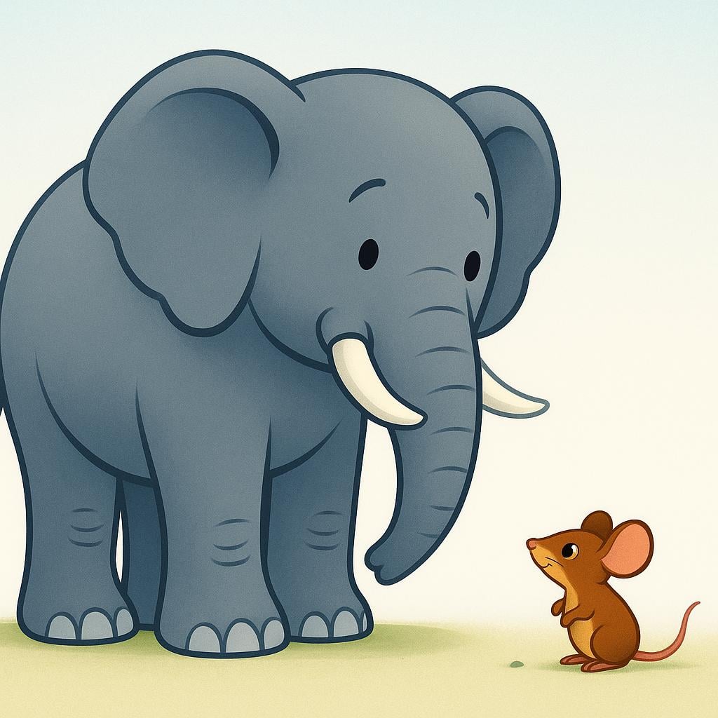 A massive gray elephant standing next to a minuscule brown mouse on a green field, visually emphasizing the concept of enormous size.