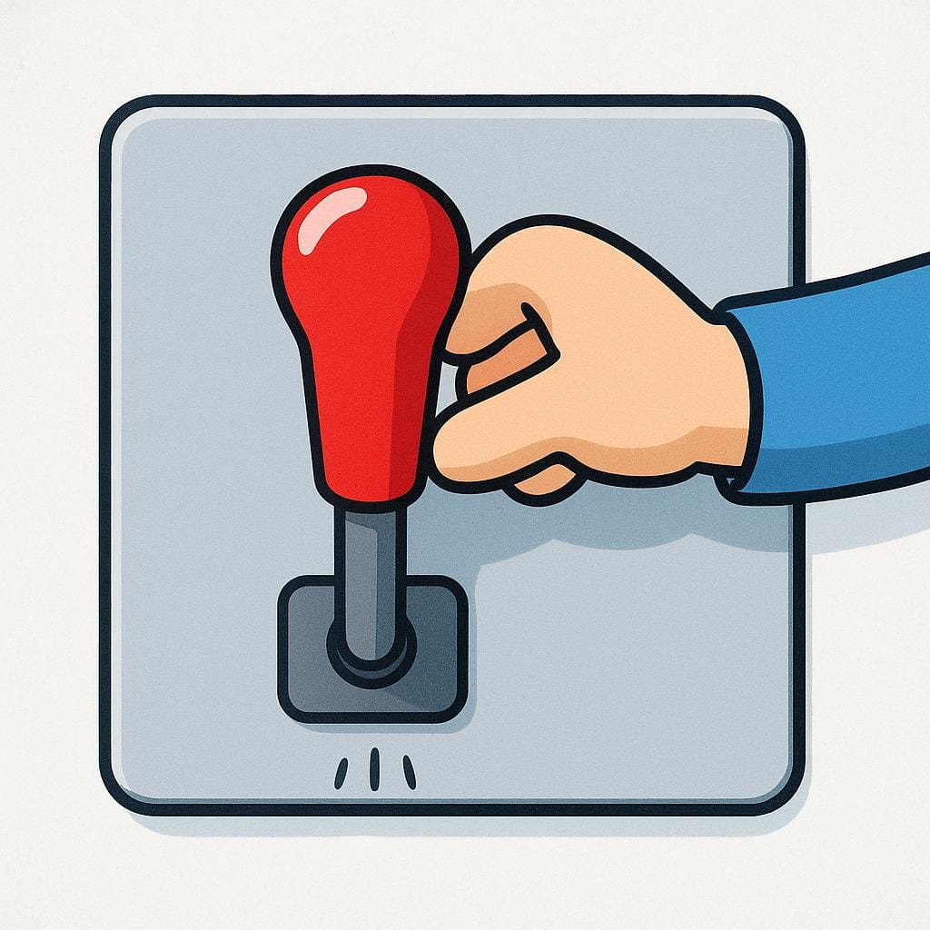A cartoon hand is pushing a large, brightly colored red lever downwards on a simple control panel.