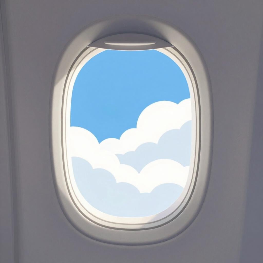 白いふわふわの雲を見下ろす、楕円形の小さな飛行機の窓からの眺め。