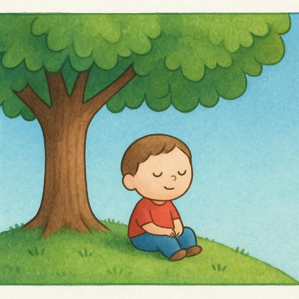 A single, brightly colored rectangular panel, similar to a comic book frame, showing a simple character sitting under a large green tree.