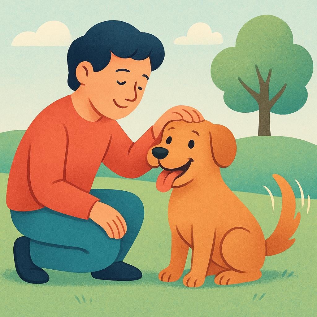 A person smiling warmly while gently petting a loyal, happy dog.