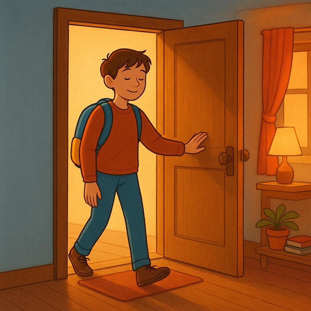 A friendly young traveler, wearing a small backpack, is pictured stepping fully into a bright room through an open doorway, indicating they have just arrived.