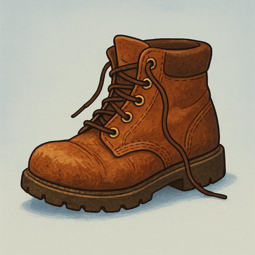 A single, heavily scuffed and creased brown leather work boot showing extensive wear and tear.
