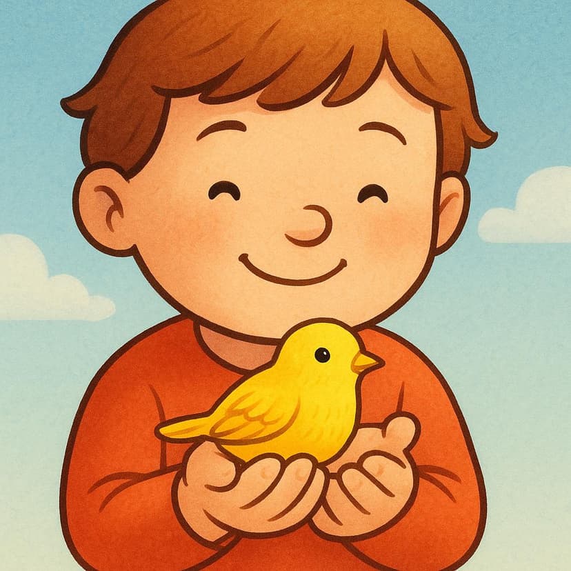 A child with a gentle expression is carefully holding a small, brightly colored yellow bird in their cupped hands, demonstrating affection.