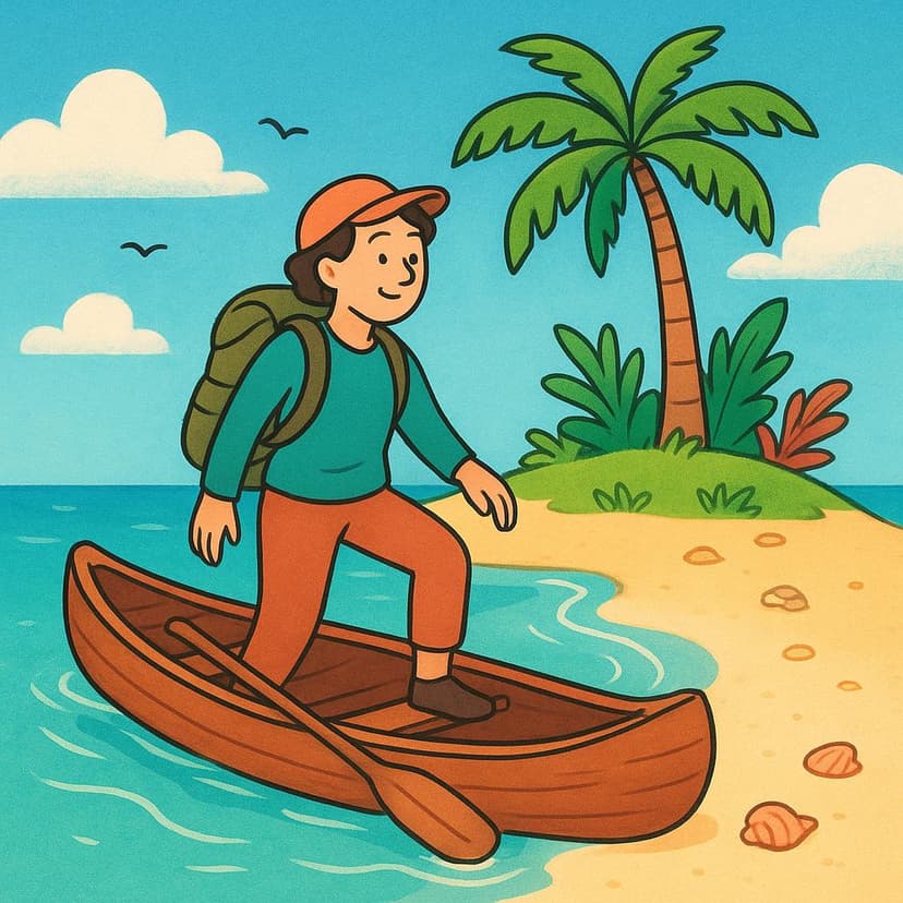 A person wearing a backpack steps out of a small canoe onto the sandy shore of a secluded, bright island, signifying the successful completion of a journey and arrival at a destination.