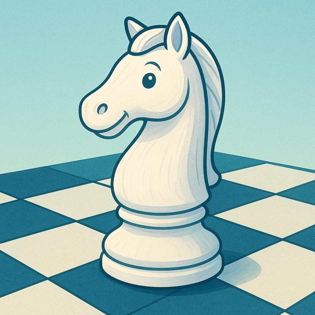 A stylized white chess knight game piece standing prominently on a chessboard.