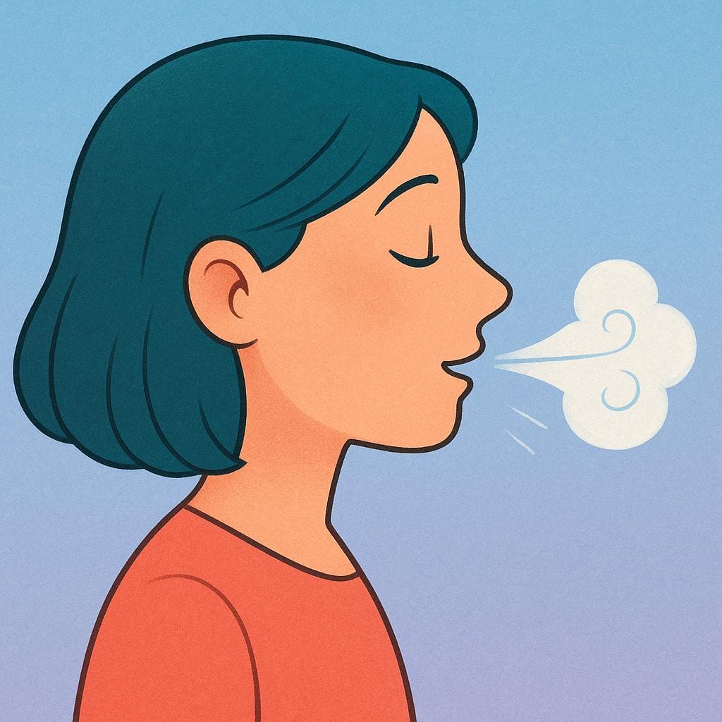 A profile view of a simplified cartoon character gently exhaling a visible, stylized puff of white air.