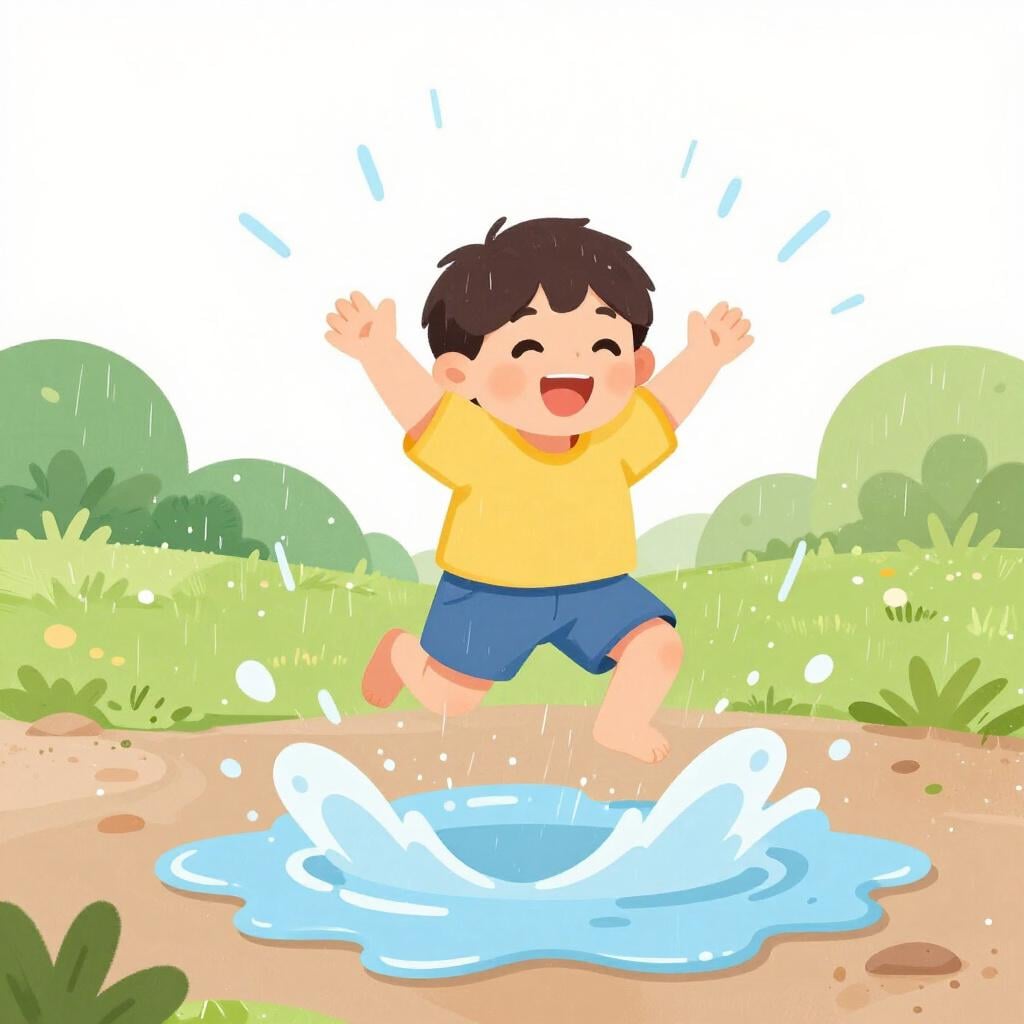 A child laughing and splashing water from a puddle unexpectedly while playing outside.