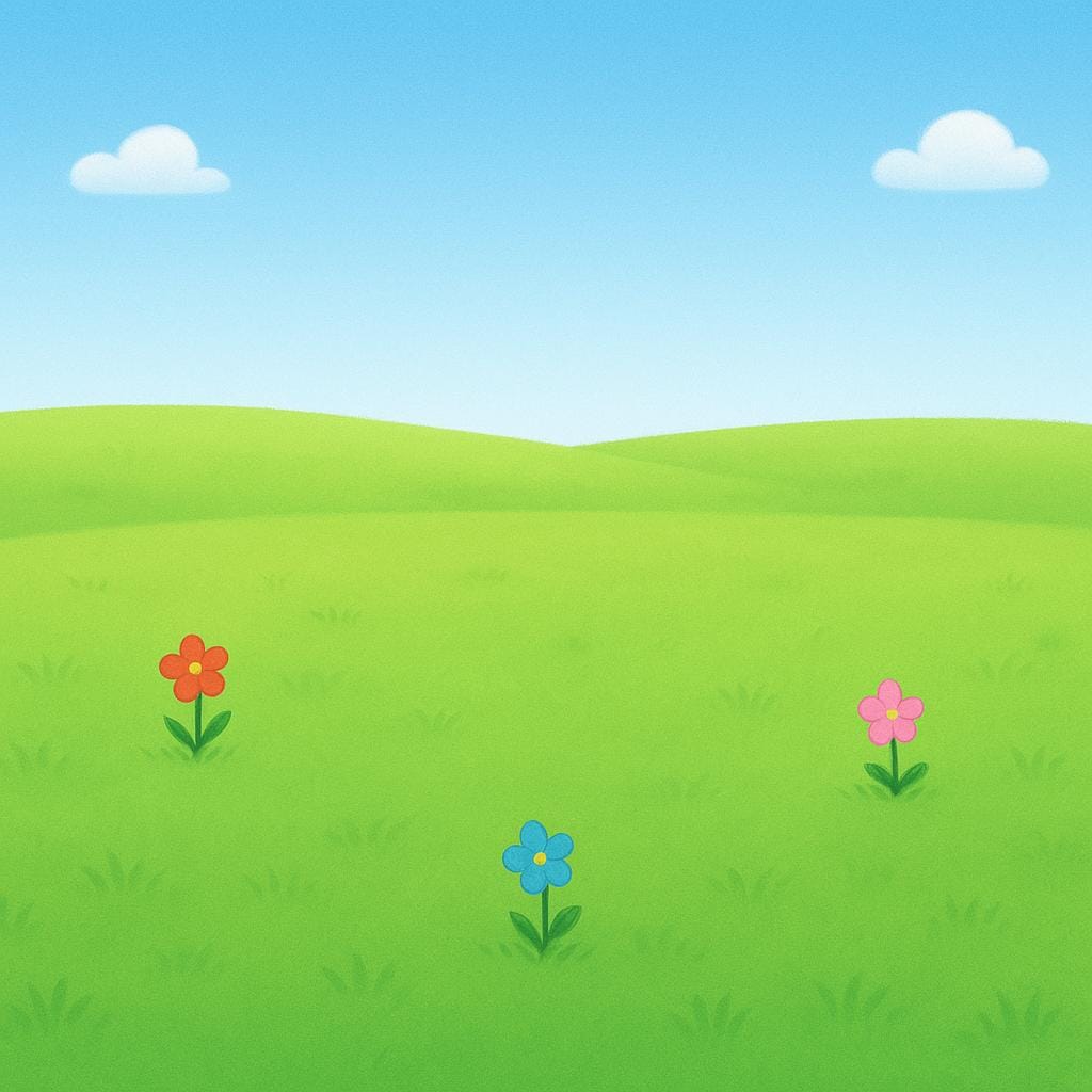 A vast, empty field of green grass with only three small, isolated flowers blooming far apart, visually representing scarcity.