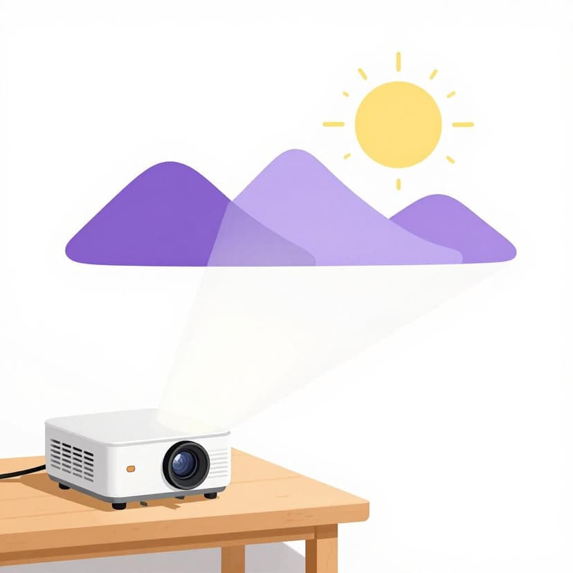 Un fascio di luce da un dispositivo che mostra un paesaggio montano colorato su una parete bianca.