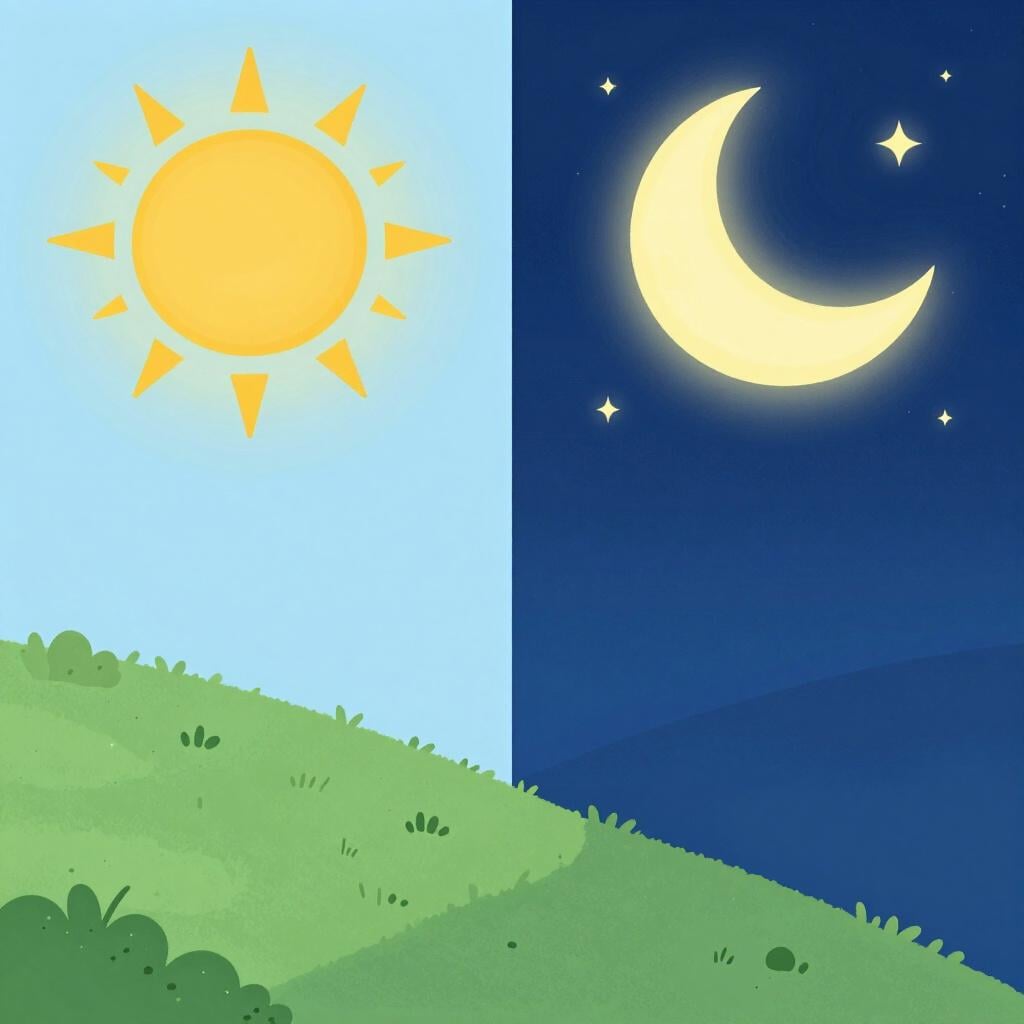 A sun rising and a moon appearing in the sky simultaneously above a green hill, representing a passage of time.