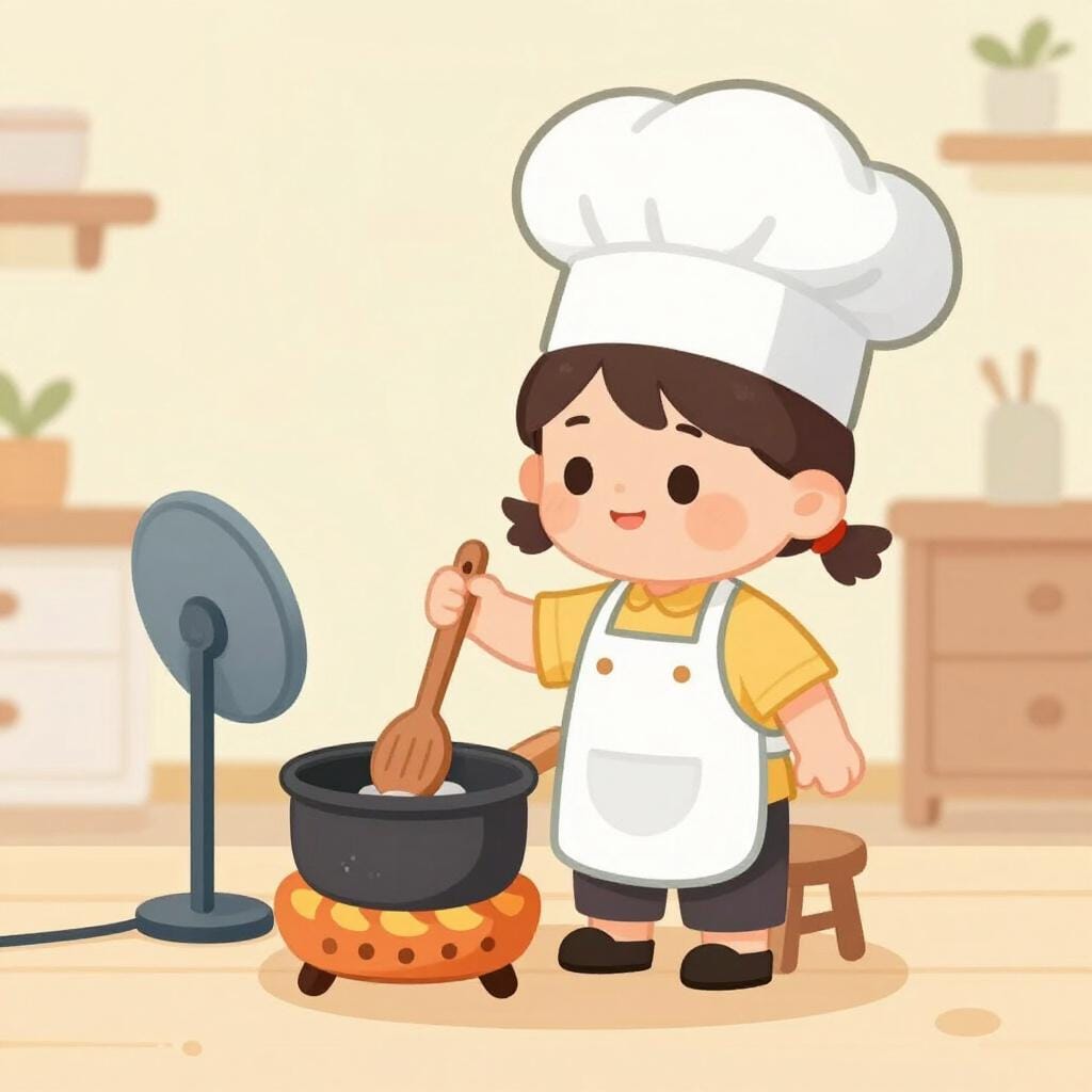 작은 아이가 의자 위에 서서 주방 조리대에 손을 뻗으며, 셰프 모자를 쓰고 전문가처럼 나무 주걱을 들고 있는 모습.