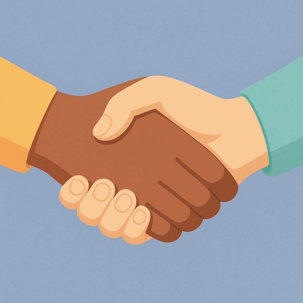 A close-up illustration showing two different hands clasped together in a firm handshake, symbolizing trust and agreement.