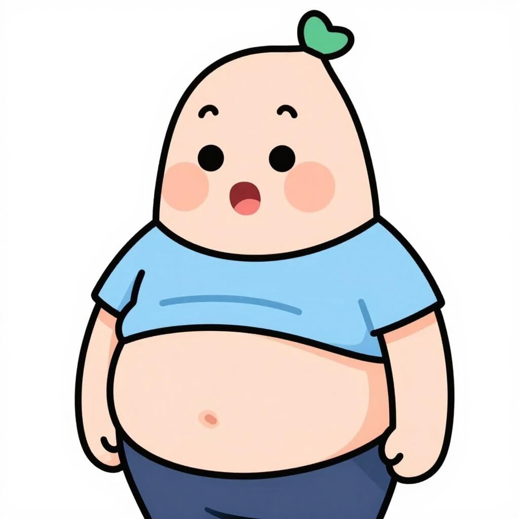 A character in a storybook style looking at their waistline as their clothes fit more tightly.