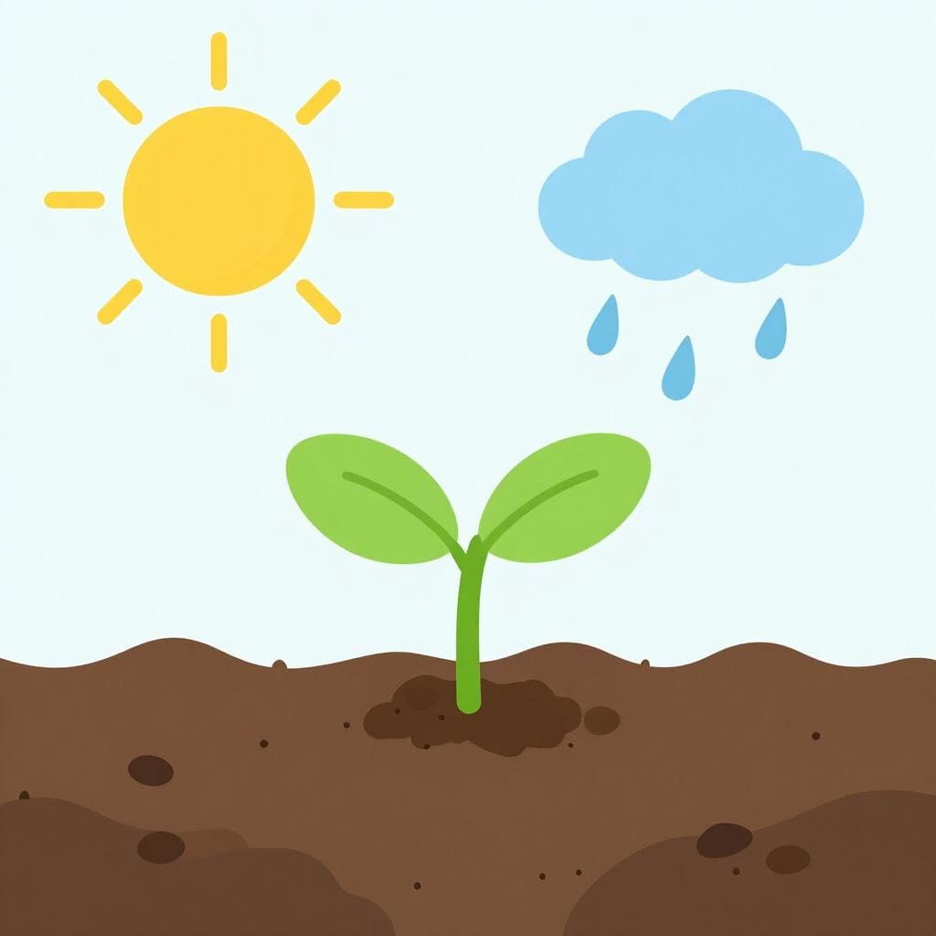 Eine kleine grüne Pflanze, die unter einer hellen Sonne und sanftem Regen gesund wächst.