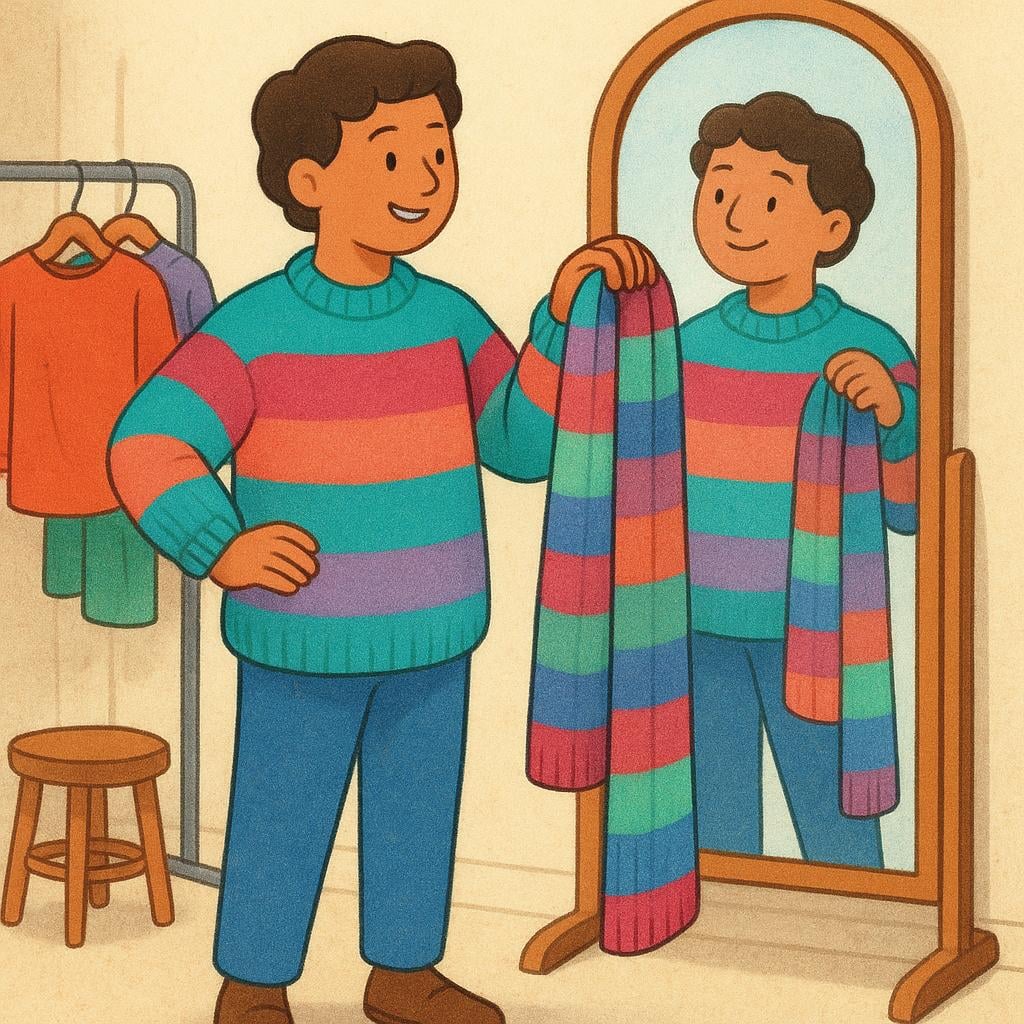 A cheerful person standing in a dressing room, wearing an oversized, brightly colored striped sweater and holding up a matching scarf.