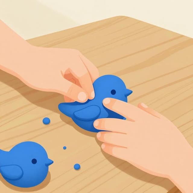 A sculptor using their hands to shape a piece of wet clay into a bird.