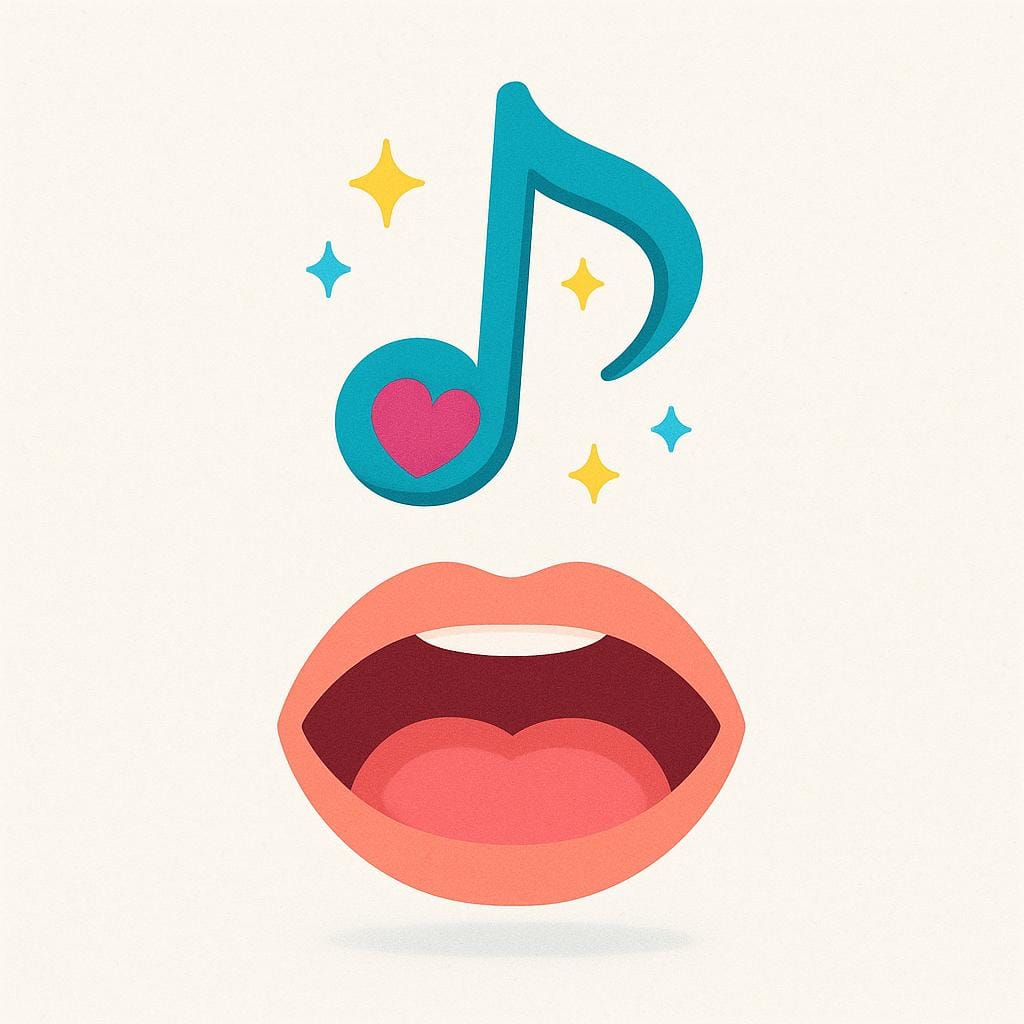A simplified illustration showing a stylized musical note symbol floating above an open mouth, representing the unique tone quality of a sound.