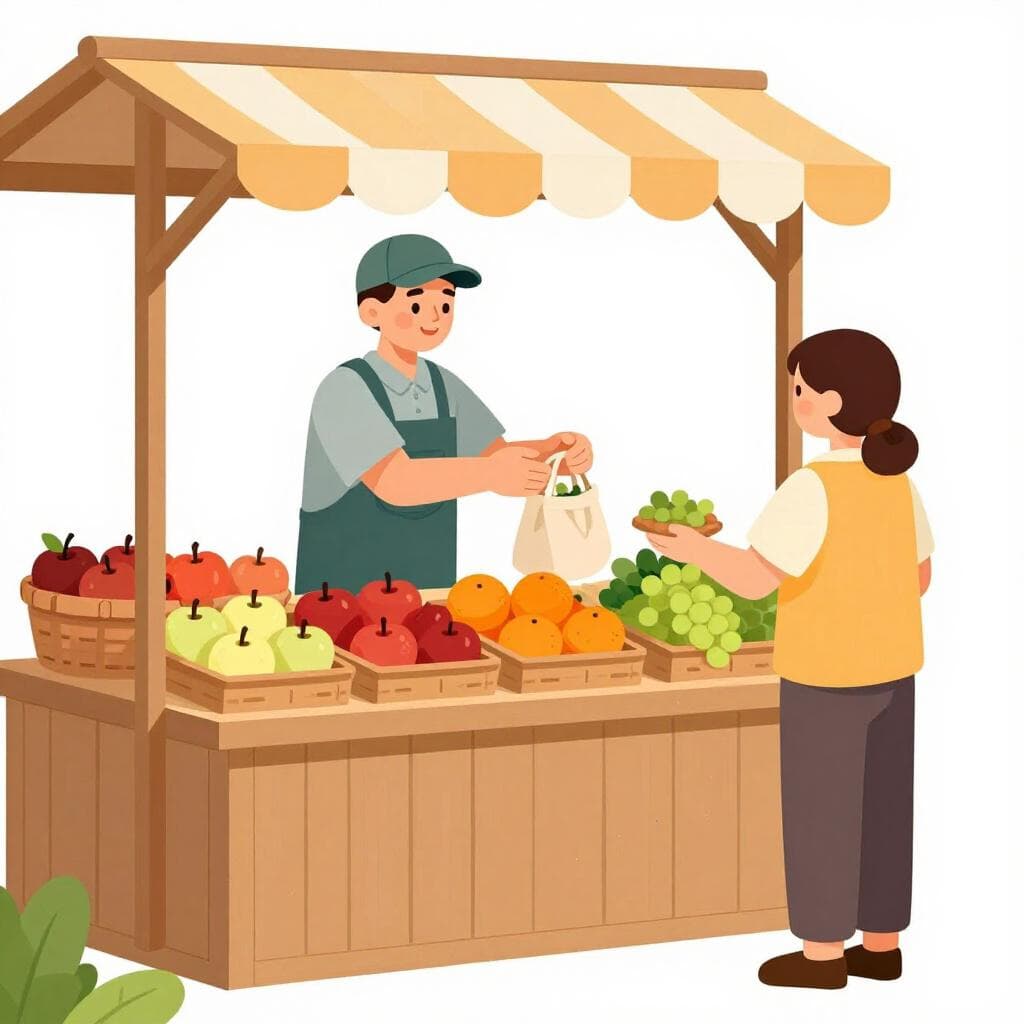 Un étal de marché animé en plein air avec des paniers de fruits et légumes frais.