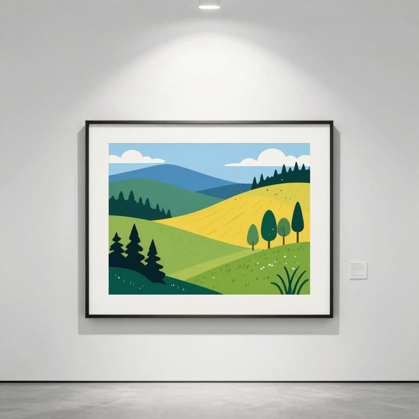 A colorful painting of a landscape displayed on a clean white gallery wall with a single spotlight shining on it.