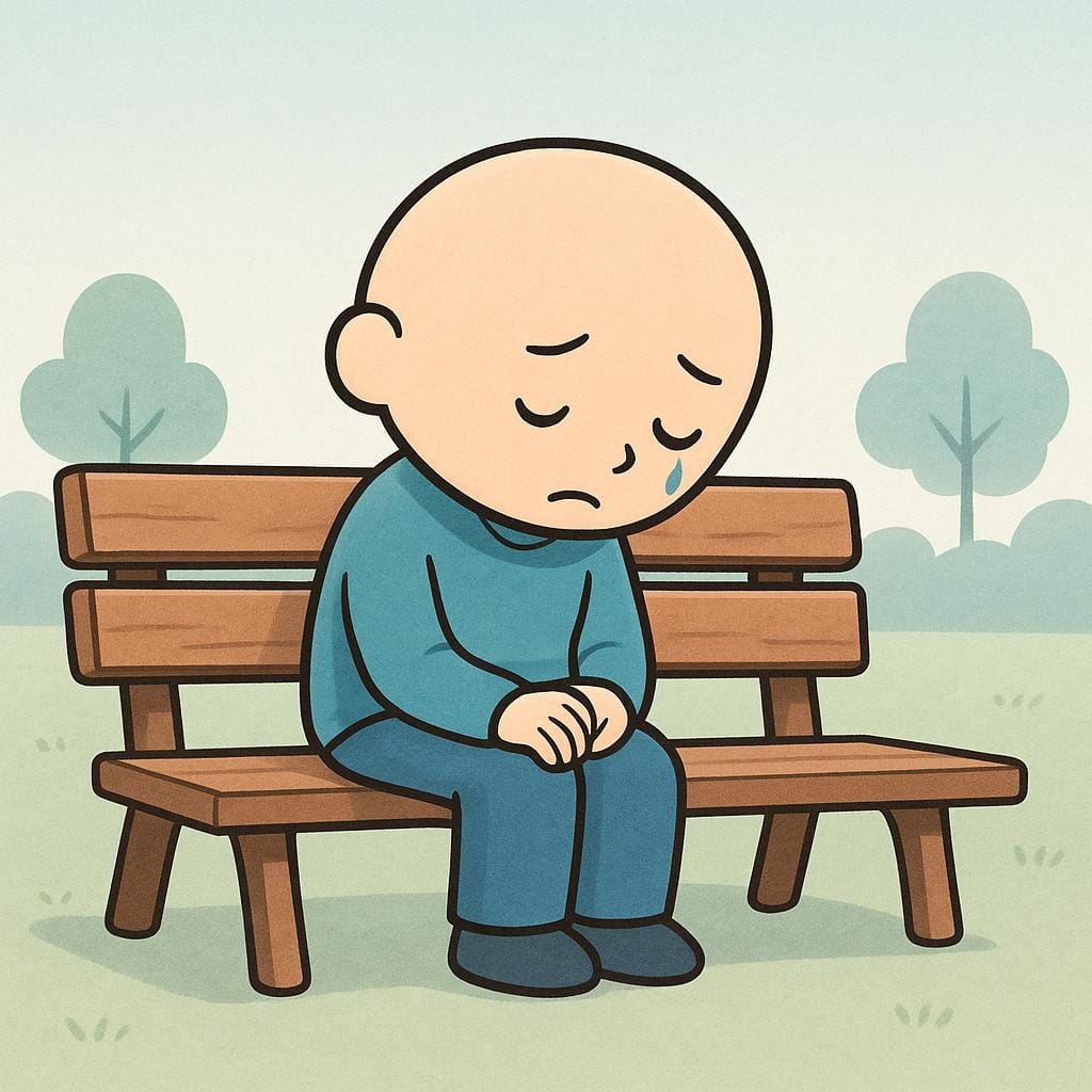 Um personagem de desenho animado solitário sentado sozinho em um banco de madeira, com a cabeça baixa, exibindo profunda tristeza e dor emocional.