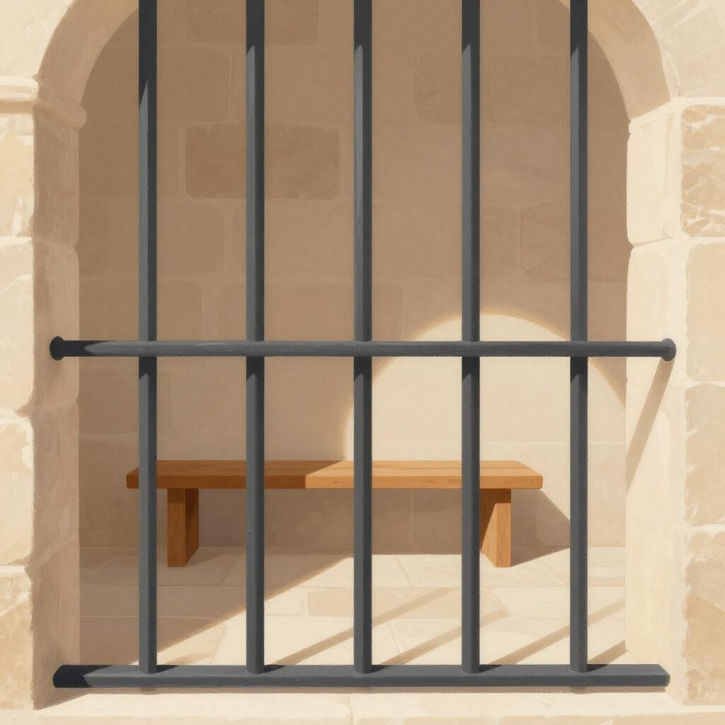 A row of vertical iron bars in a simple stone room, suggesting a holding cell.