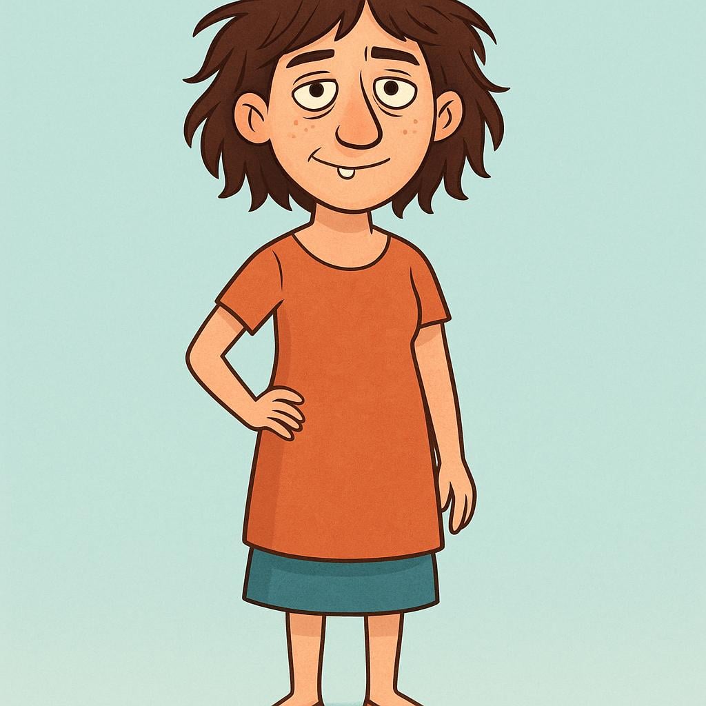 A simple, full-body storybook illustration of a female character with exaggerated, unflattering facial features and disheveled hair, representing an 'ugly woman'.