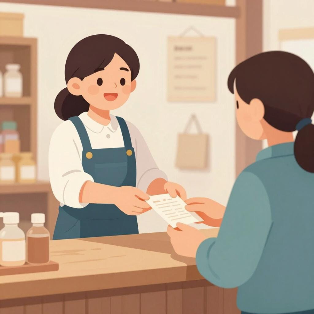 A shopkeeper handing a small paper invoice to a customer in a bakery.