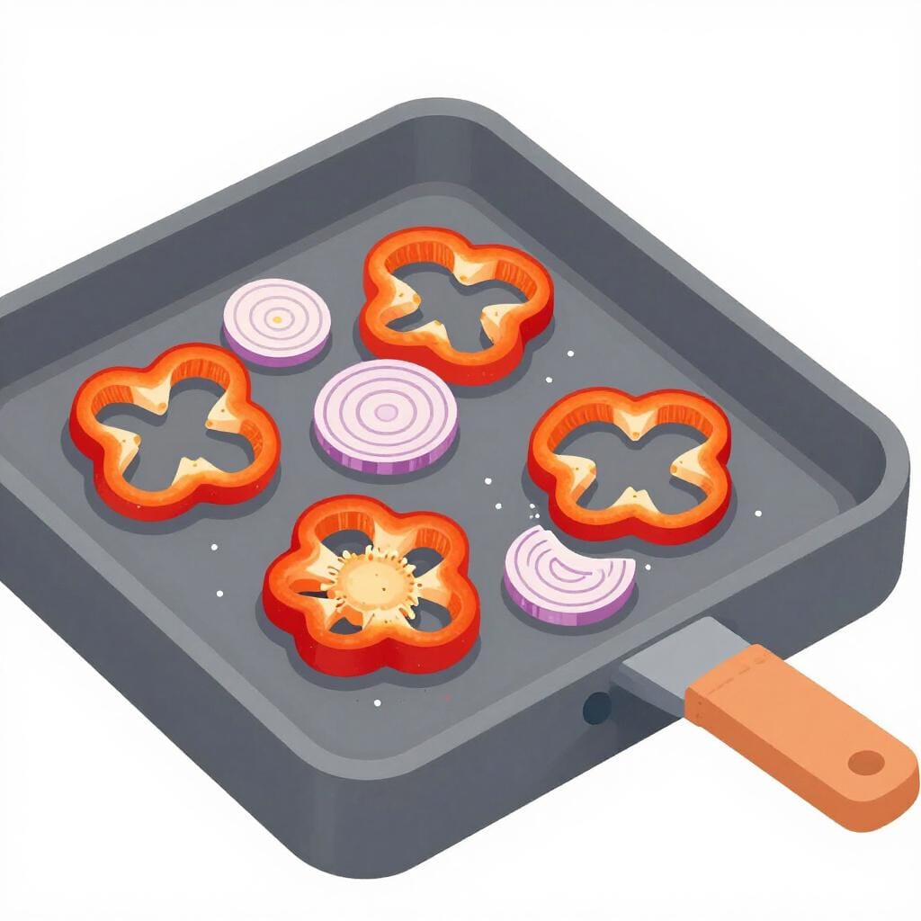 A flat metal cooking griddle with vegetables grilling on top.