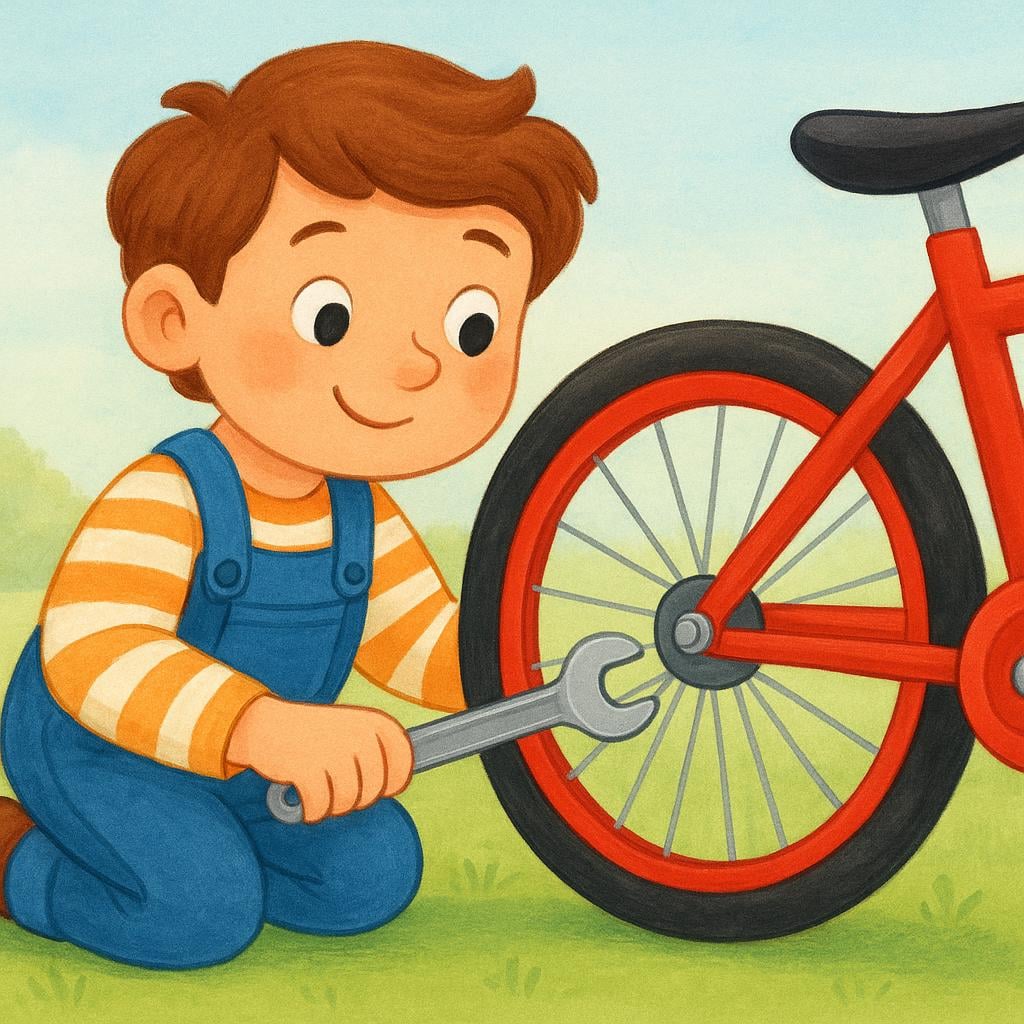 A friendly cartoon character wearing blue overalls is happily tightening a loose bolt on a bright red bicycle wheel using a silver wrench, illustrating the concept of maintenance.
