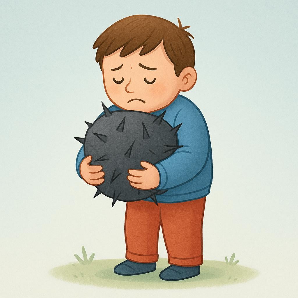 A solitary figure with a downturned expression tightly hugging a large, heavy, dark purple rock covered in sharp thorns, symbolizing emotional pain.