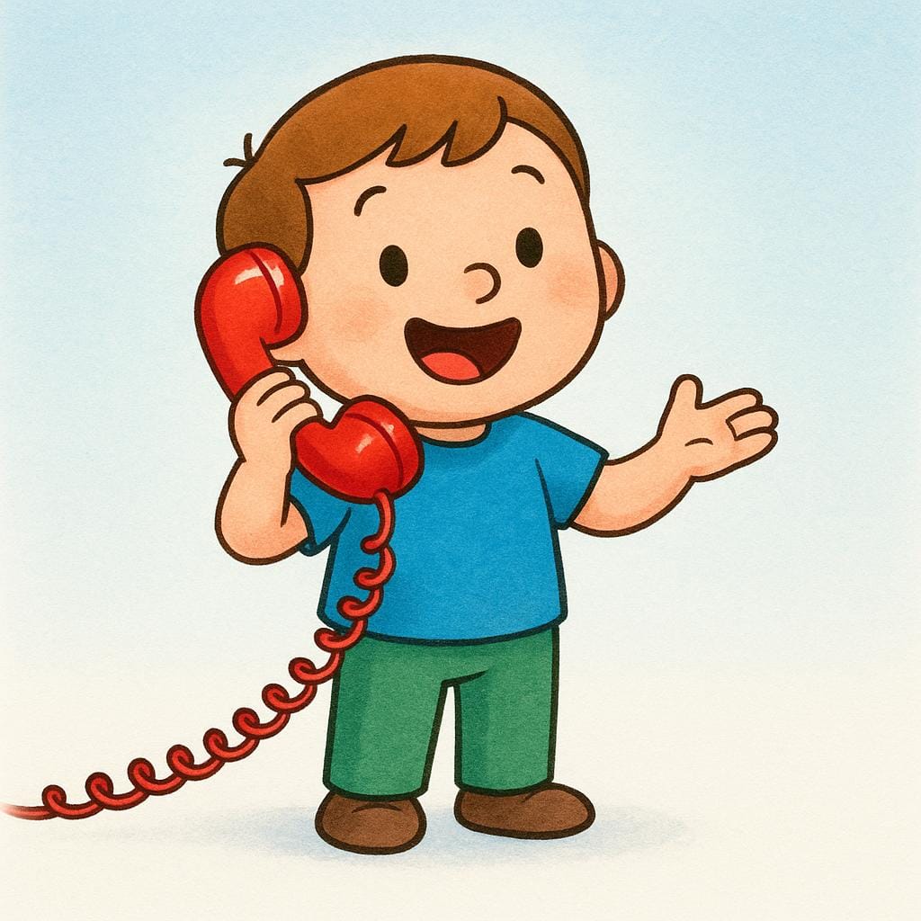 A simple cartoon character standing alone, speaking enthusiastically into a red landline phone receiver held to their ear, demonstrating the action of contacting someone.